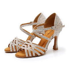 Women's Gray Rhinestone Sparkling Glitter Customized Heel Dance Shoes