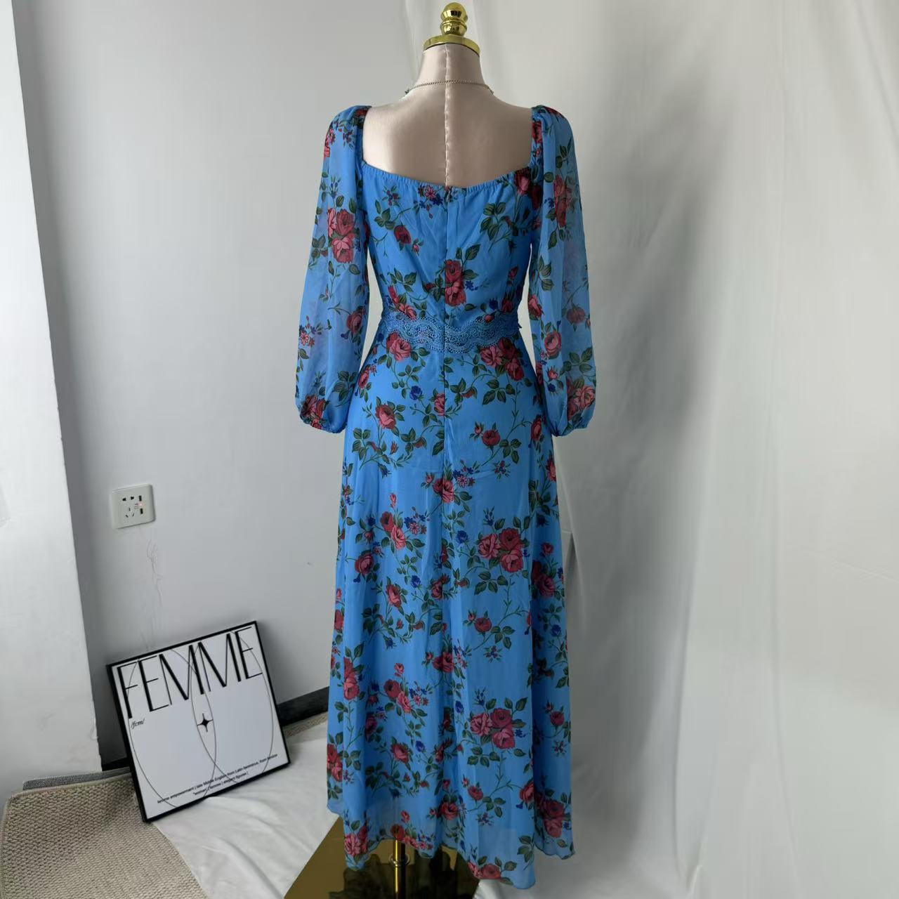 Silk chiffon printed lace trimmed dress