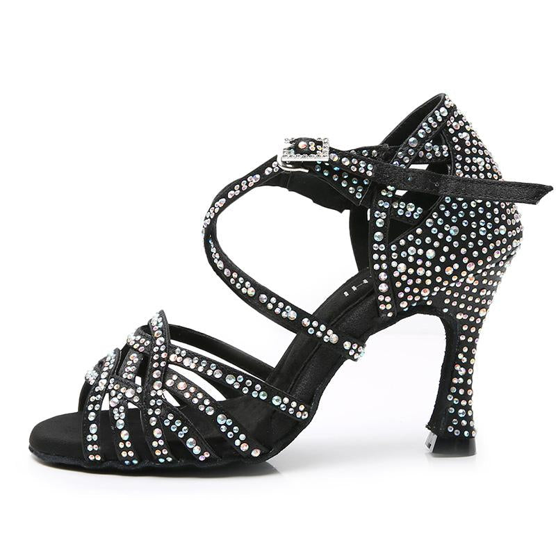 Women's Black Customized Heel Satin Rhinestones Strappy Dance Shoes