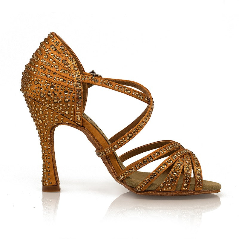 Women's Brown 9cm Strappy Satin Rhinestones Sandal Latin Dance Shoes