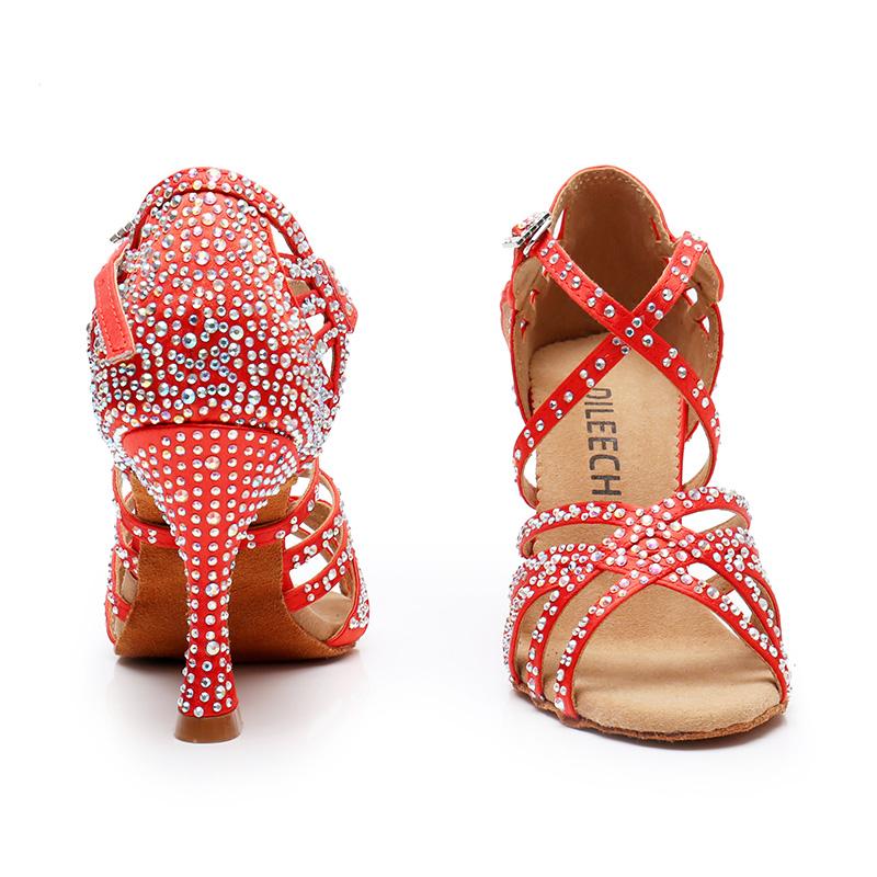 Women's Red Customized Heel Strappy Dance Shoes With Crystals