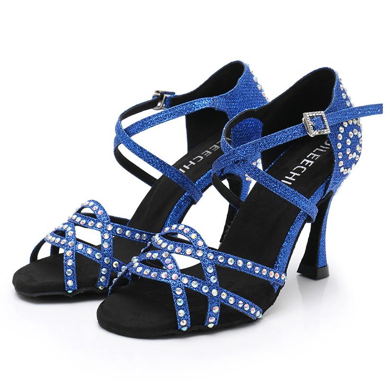 Women's Blue Rhinestone Satin Customized Heel Latin Dance Shoes