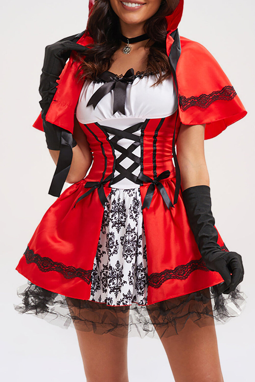 Lace Up Cinch Waist Colorblock Mini Dresses Hooded Shawl Halloween Set-Red
