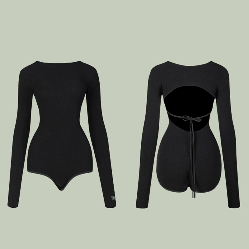 Women's Black Long Sleeve Backless Dance Tops Bodysuit LeotarPractice DanceWear