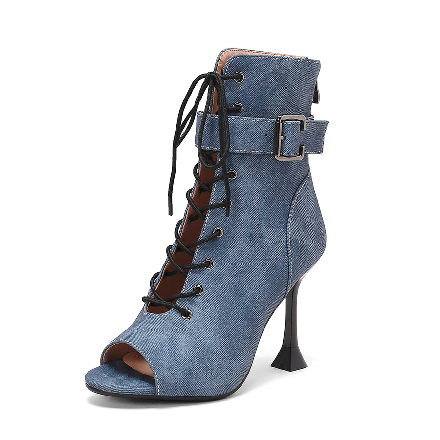 Women's 9.5cm Heel Rubber Sole Leatherette JazShoes Open Toe Dance Heels Boots