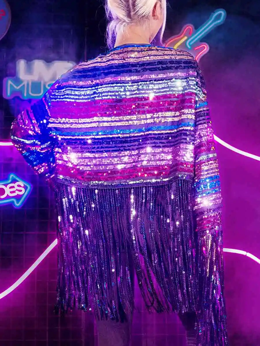 New Long Sleeve Colorful Sequin Tassel Jacket Top