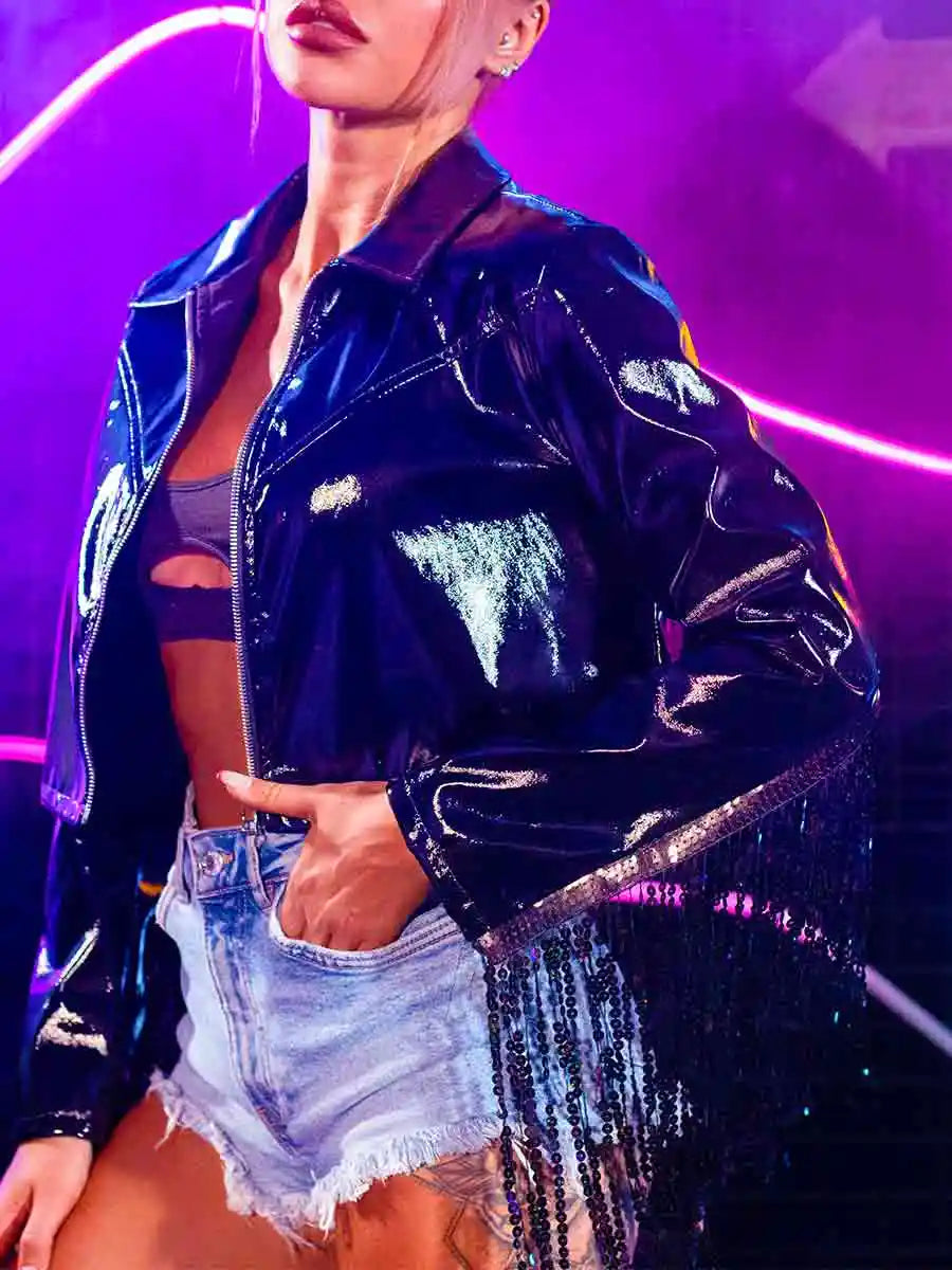 Stylish Women's Black Sequin Fringe Jacket