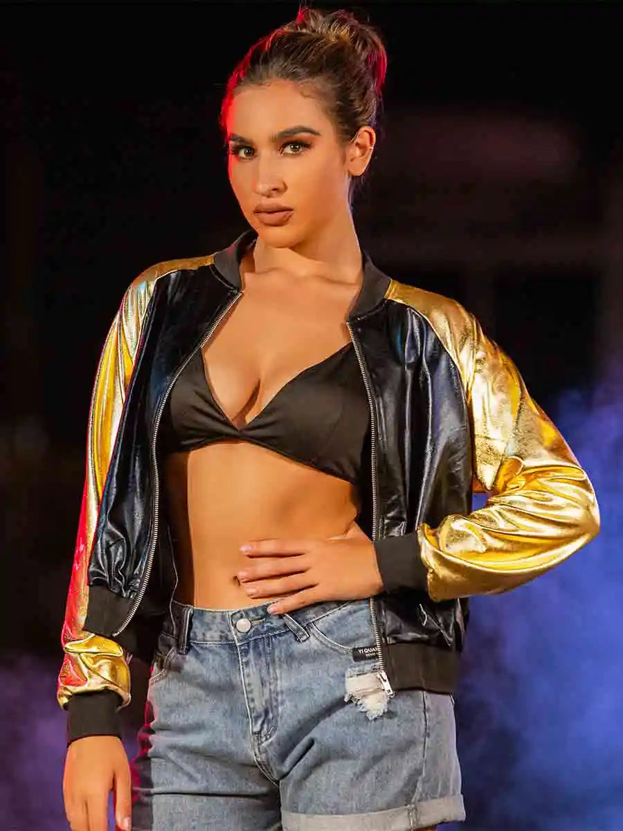 Black Leather Bomber Jacket With Gold Reflective Sleeves