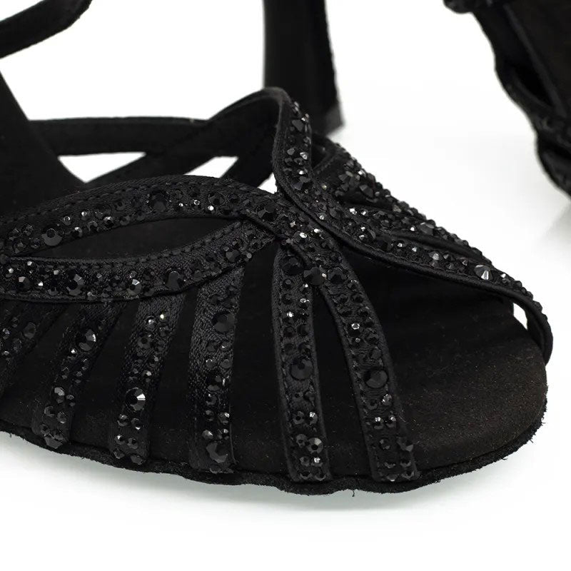 Women's Black Satin & Rhinestones Sandal Customized Heel Dance Shoes