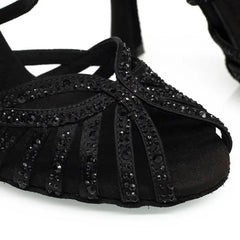 Women's Black Satin & Rhinestones Sandal Customized Heel Dance Shoes