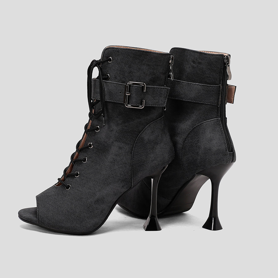 Women's 9.5cm Heel Rubber Sole Leatherette JazShoes Open Toe Dance Heels Boots