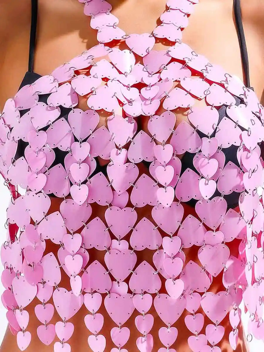 Acrylic Heart-shaped Pink Sequin Tank Top