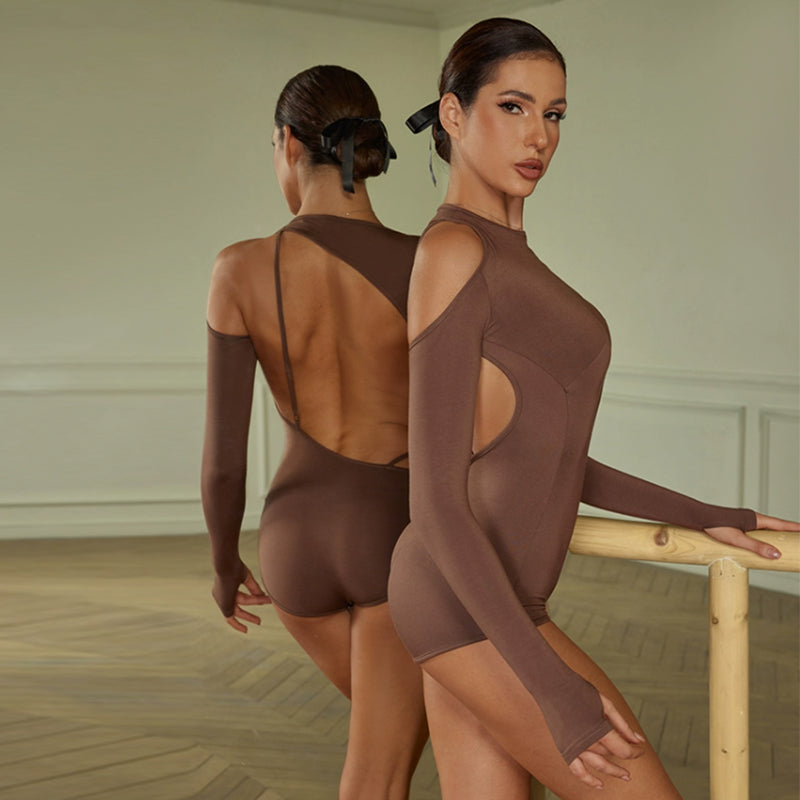 Women's Round Neck Long Sleeve Backless DanceWear Bodysuit Leotards