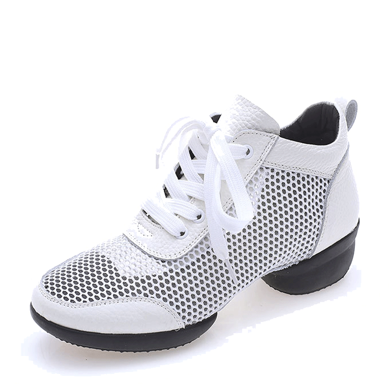 Women's Leather Mesh Lace-up 4cm Heel Dance Sneakers Practice Dance Shoes JazDance