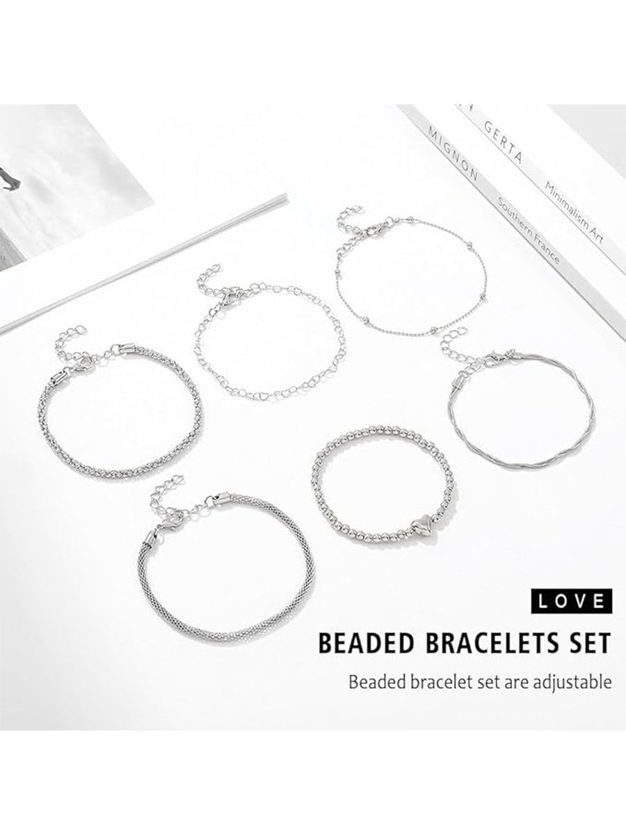 Layered Beaded Silver Heart Bracelet Set (6 Pieces)