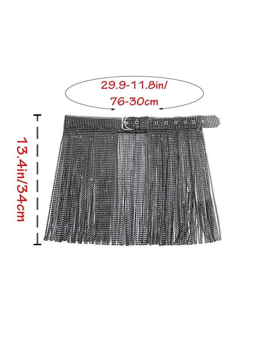 Shiny Wrap Belt Skirt - Black Rhinestone Tassel Skirt
