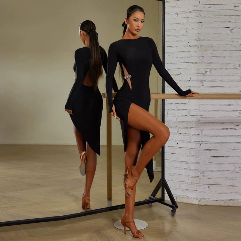 Women's Black Round Neck Long Sleeve Backless Elegant Dance Dress Dance Wear