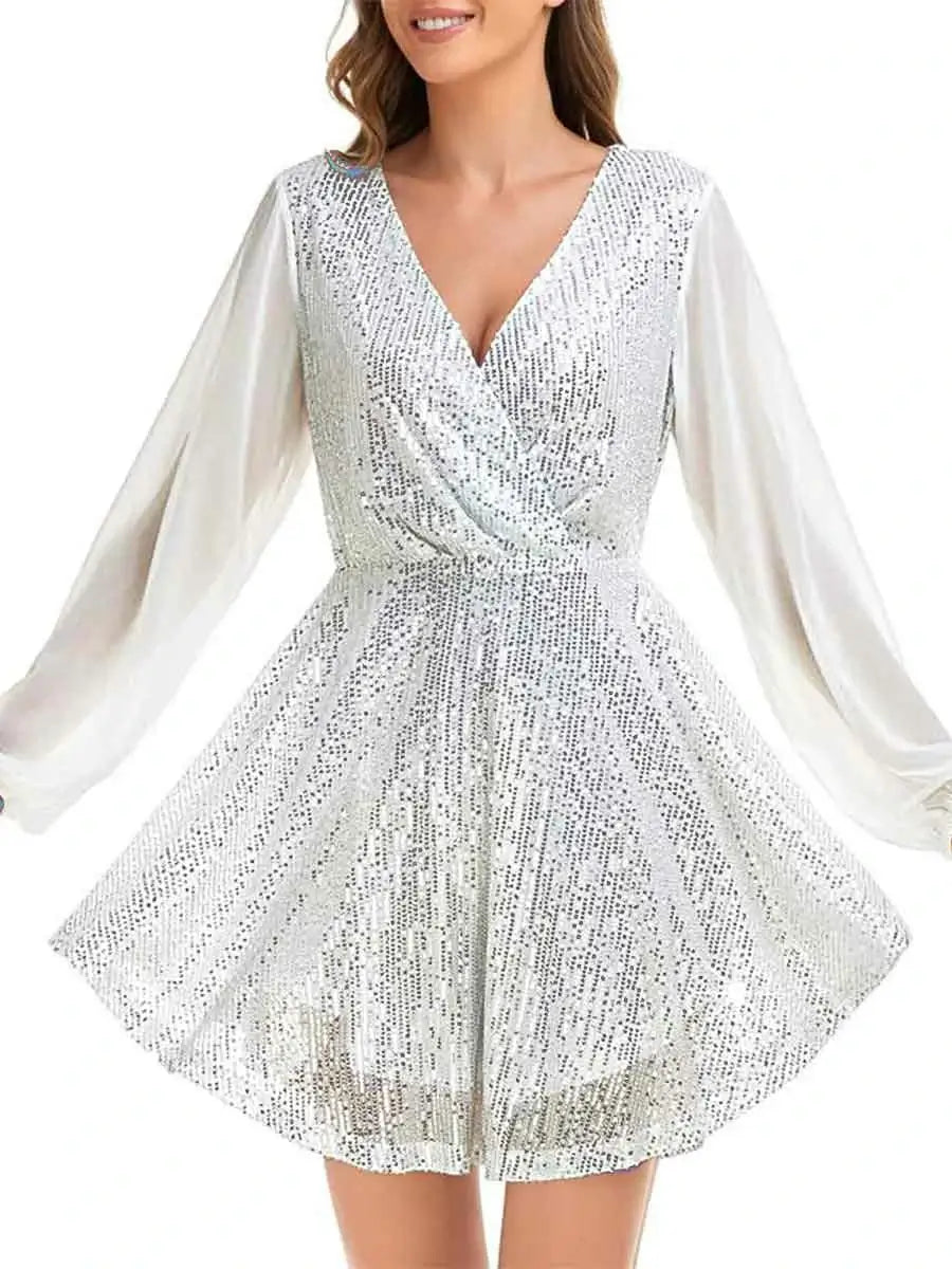 V-neck long-sleeve belted sequin white cocktail dress