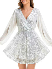 V-neck long-sleeve belted sequin white cocktail dress
