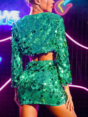 Stylish Green Sequin Long Sleeve Jacket Top