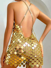 Sexy Backless Sparkling Disco Mini Gold Sequin Dress