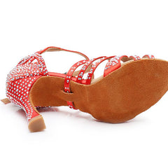 Women's Red Customized Heel Strappy Dance Shoes With Crystals