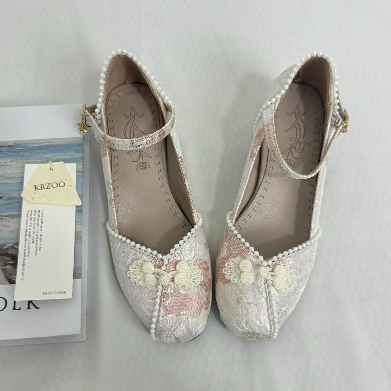 Block-Heel Shoes With Pearl-Embellished Straps