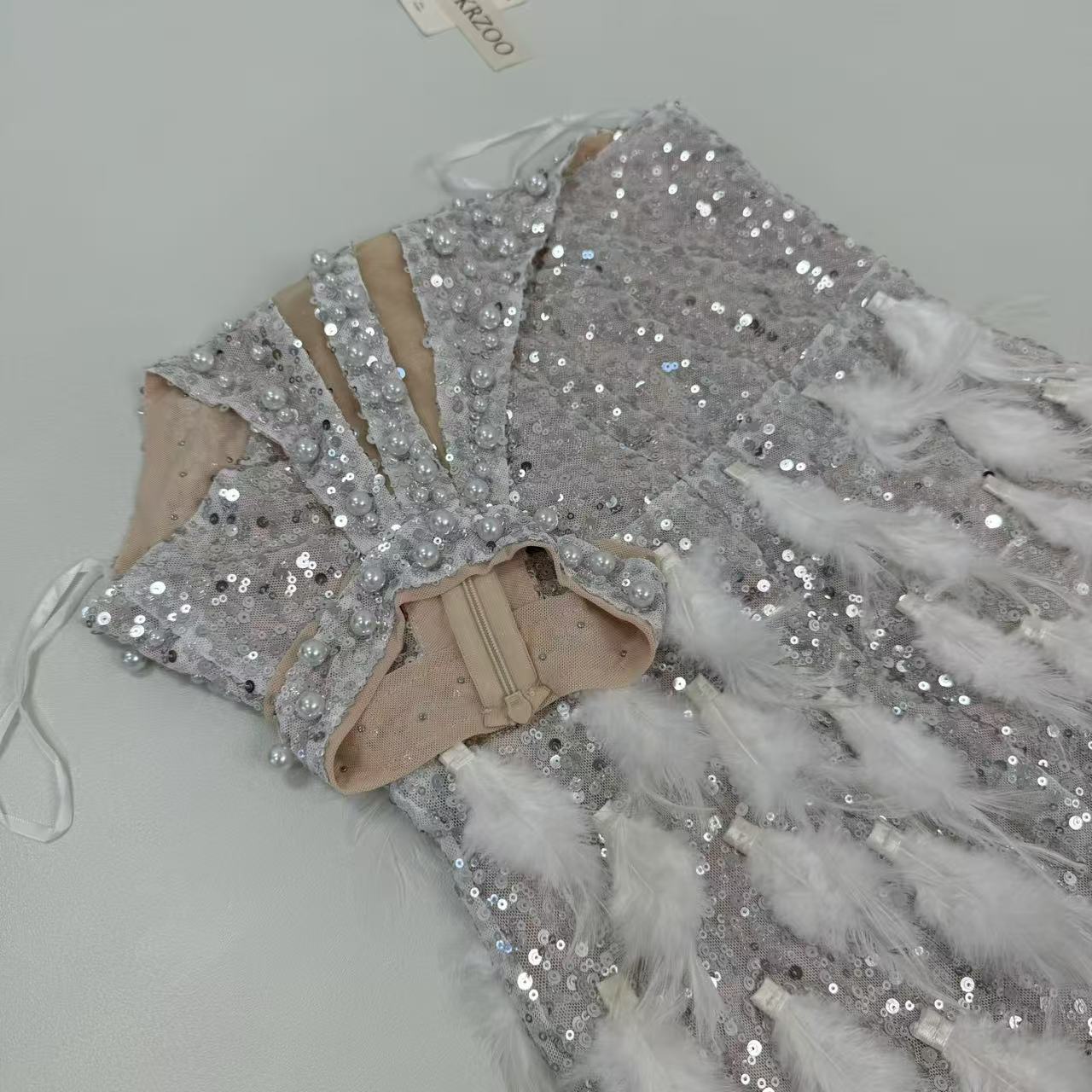 Backless pearl rhinestone feather dress