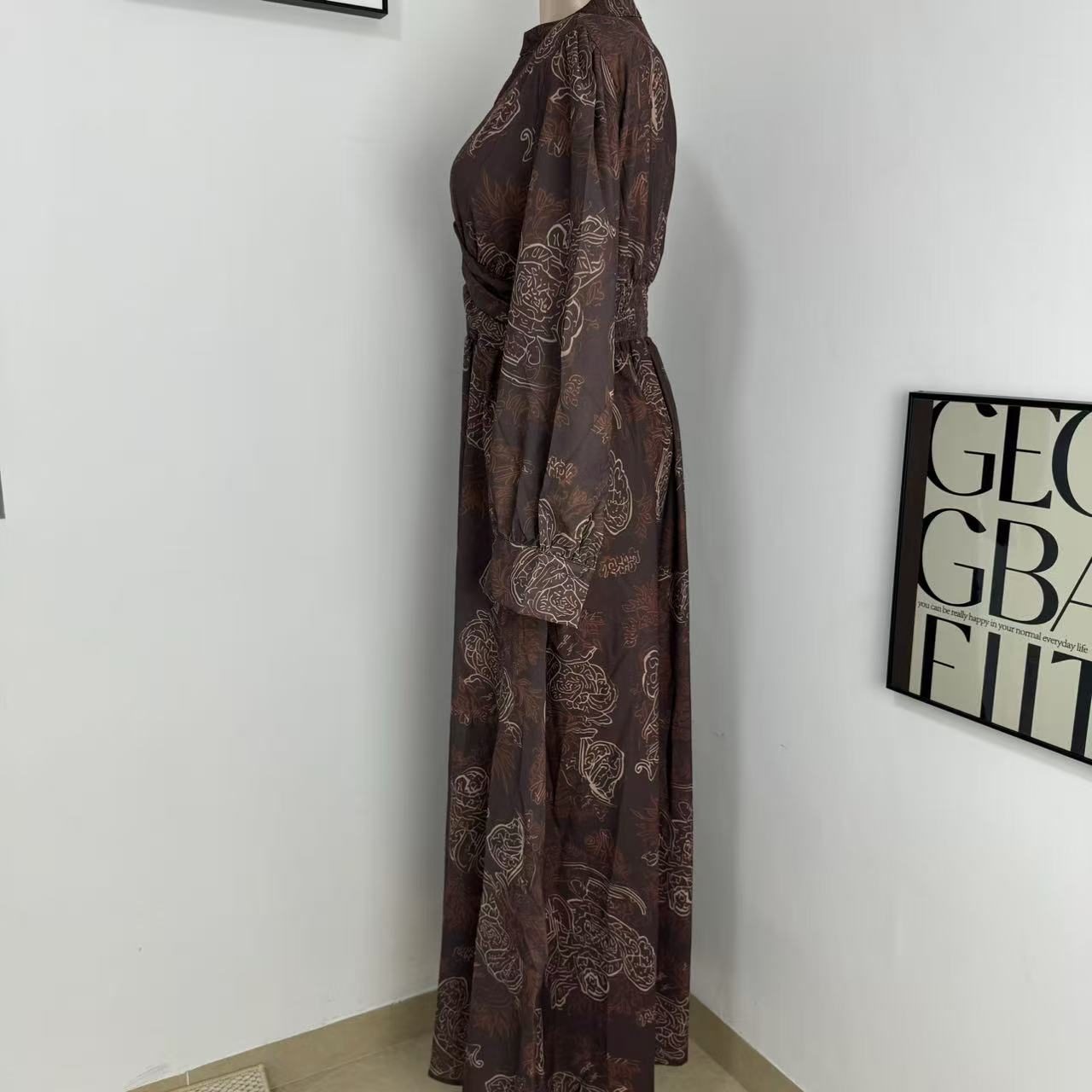 Printed V-Neck Maxi Dress with Puff Sleeves