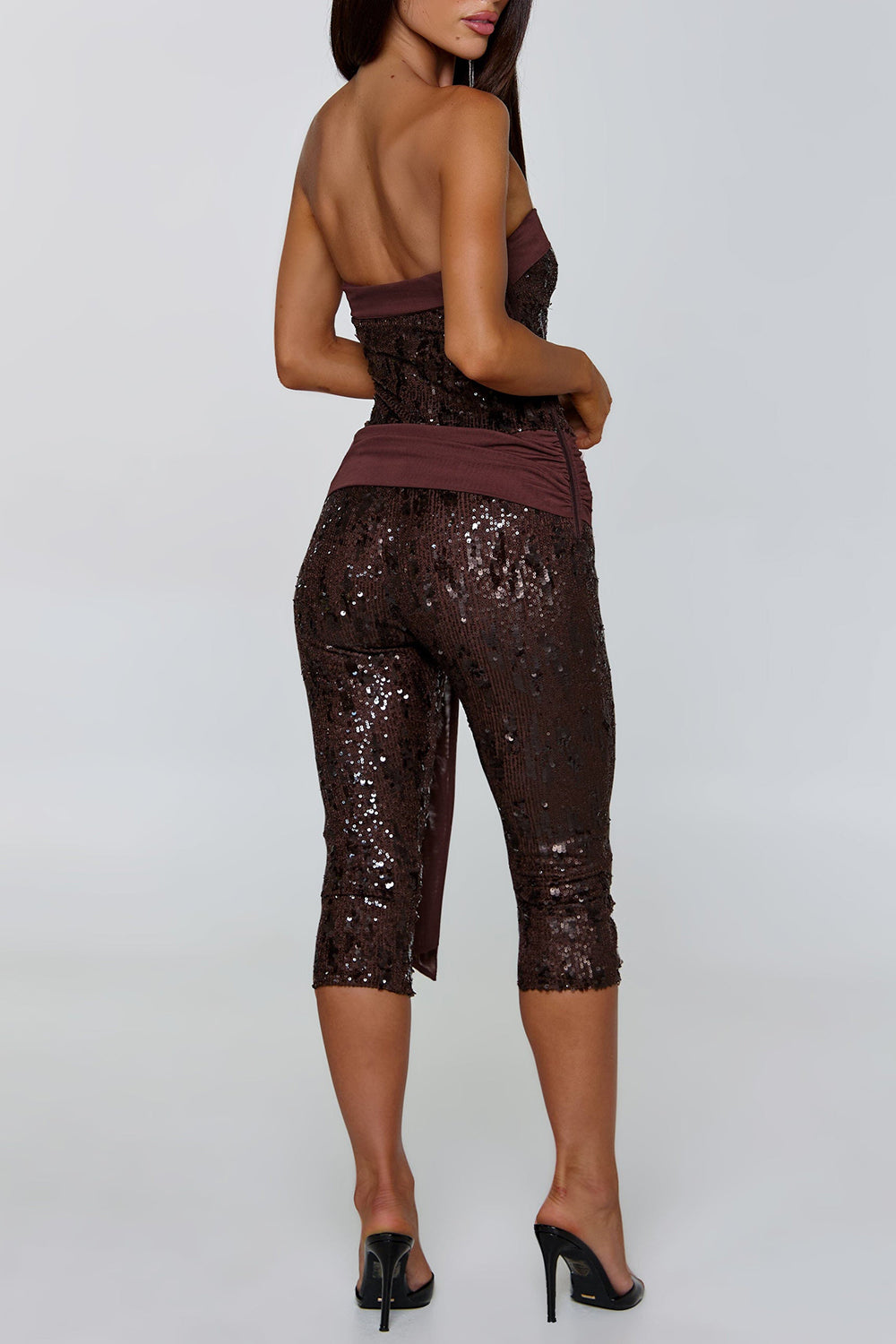 Sequin Strapless Neckline Party Bodycon Crop Jumpsuit-Brown Pre Order