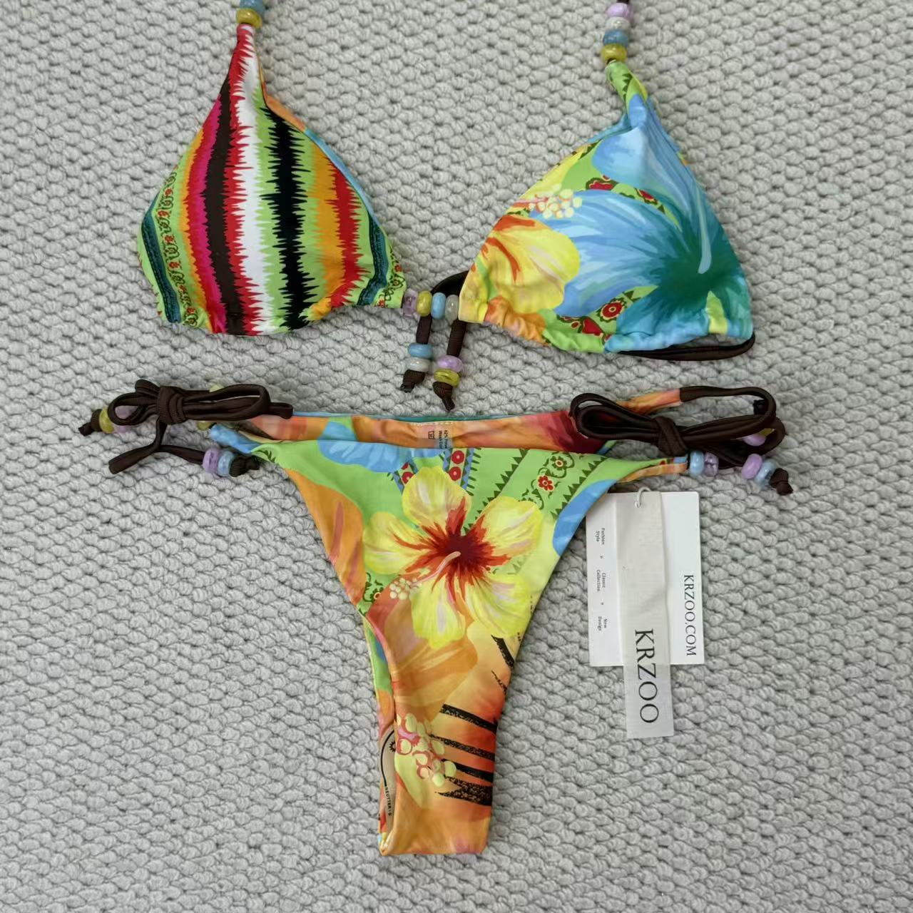 Tropical flower print beaded strapless bikini
