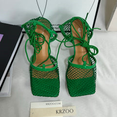 Square-toe lace-up high-heeled shoes