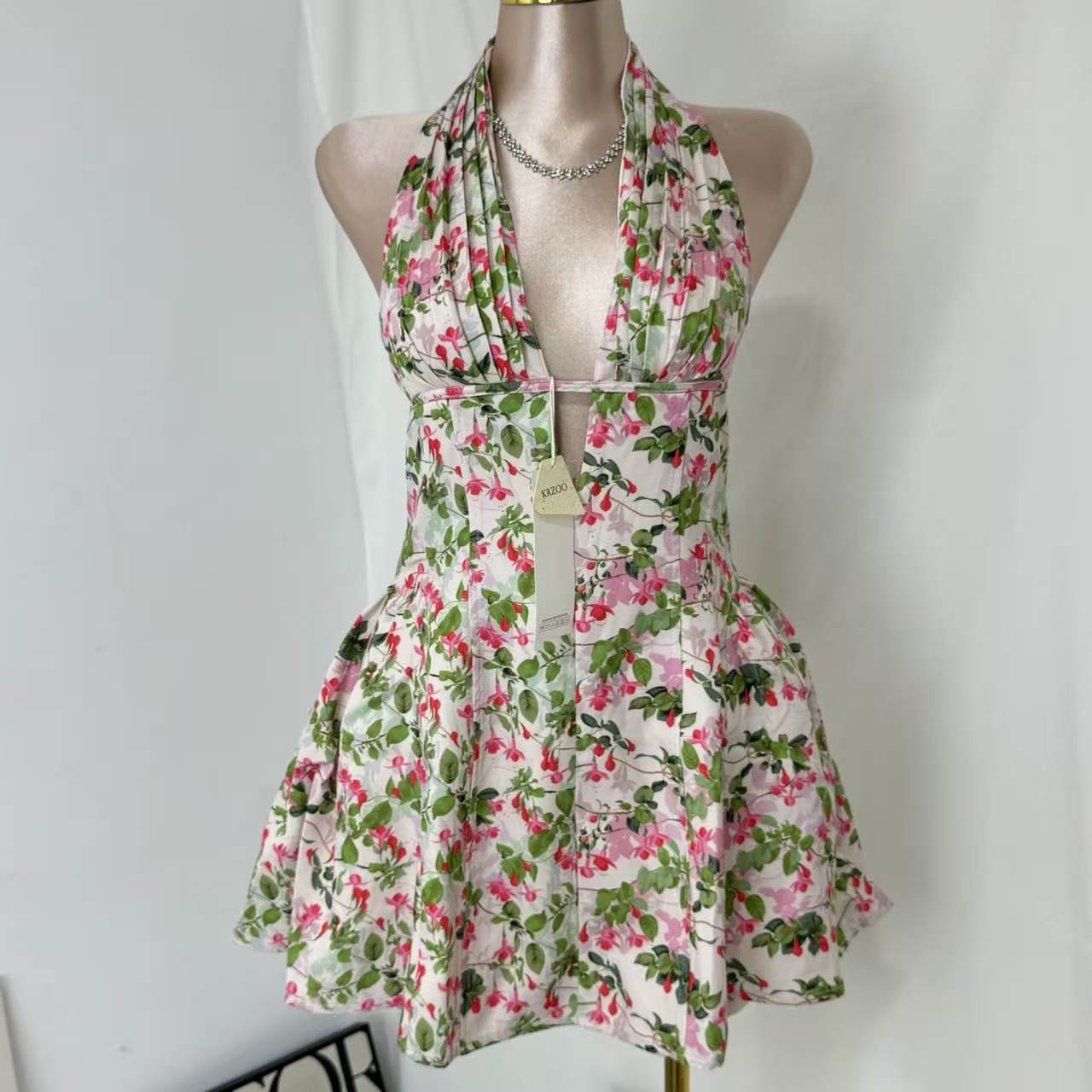 Deep V-Neck Halter Dress With Vintage Print