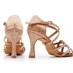 Women's Bronze Satin Rhinestone Customized Heels Ballroom Latin Dance Shoes