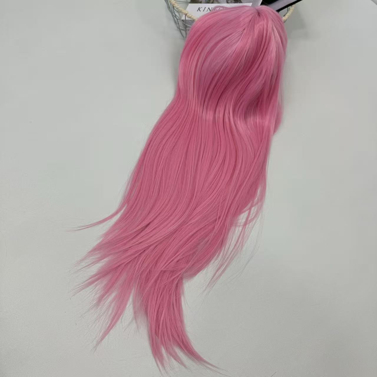 Pink long hair air-pressed fringe wig headgear