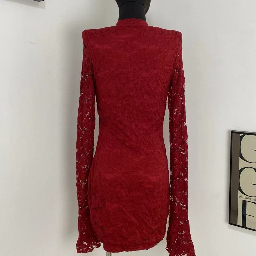 Jacquard Lace Flared Sleeve Dress