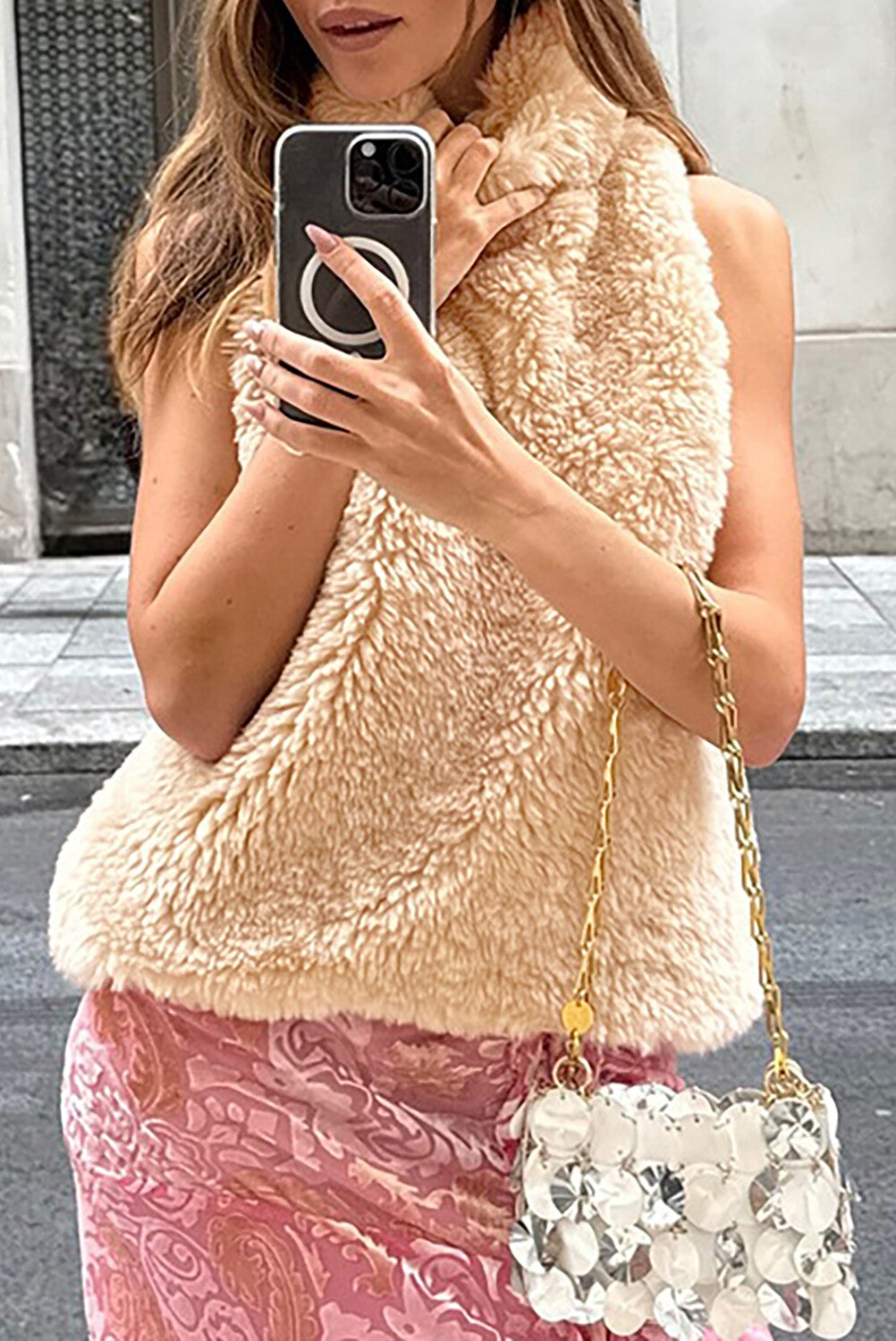 Furry Turtleneck Sleeveless Solid Color Casual Vest-Beige