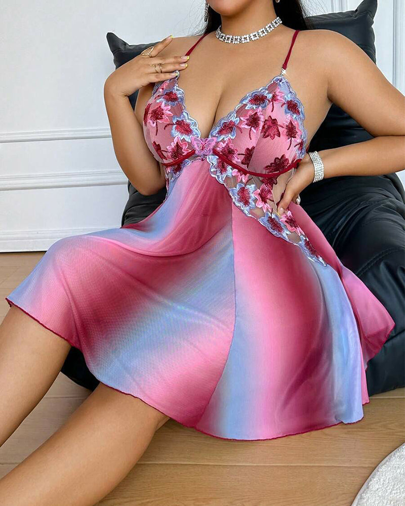 Plus Size Rainbow Ombre Camisole Nightgown â€?Backless & Floral Mesh Design