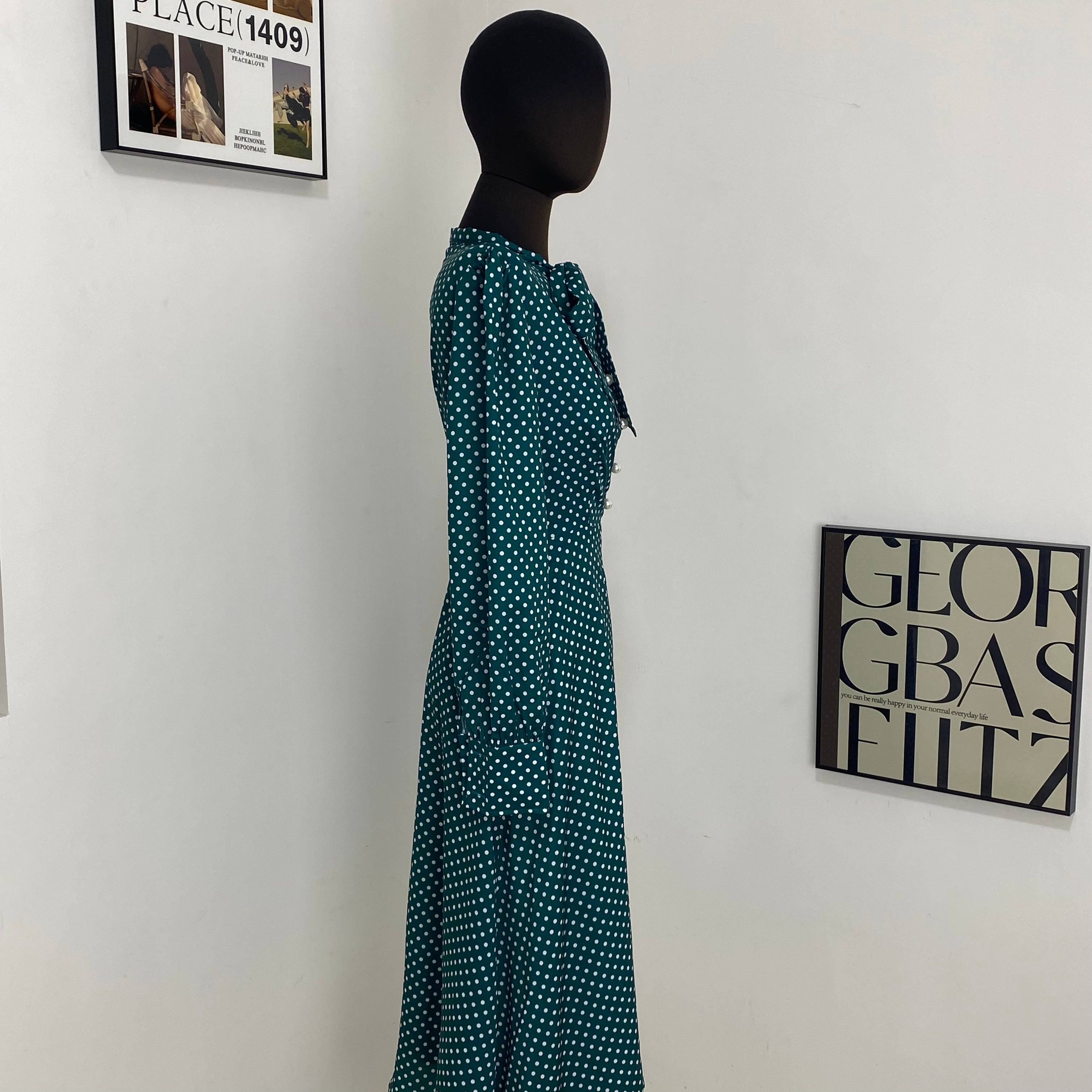 Green Polka Dot Single Breasted Dress