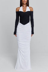 Halter Cinch Waist Ruched Bodycon Party Maxi Dresses-White Pre Order