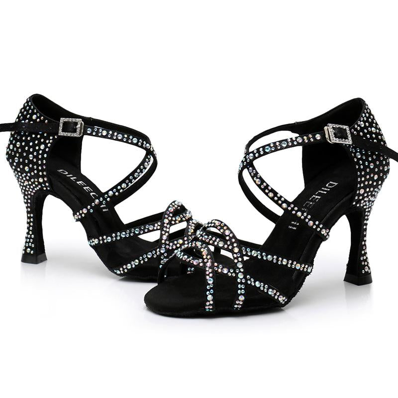 Women's Black Satin Rhinestone Customized Heels Ballroom Latin Dance Shoes