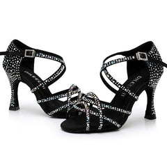 Women's Black Satin Rhinestone Customized Heels Ballroom Latin Dance Shoes