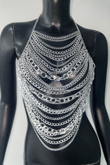 Dangle Chains Cutout Halter Neck Backless Party Crop Top Silver