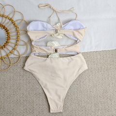 One-piece solid-color floral swimsuit