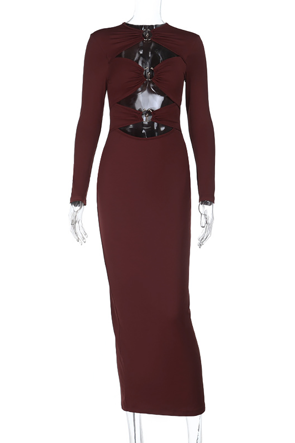 Cutout Long Sleeve Bodycon Solid Color Midi Dresses-ReddishBrown