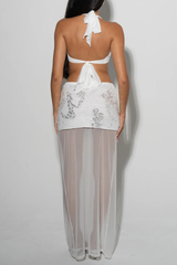 Sequined Halter Crop Top Mesh Patchwork Slit Maxi Skirt Set-White Pre Order