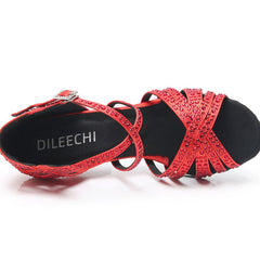 Women's Red Customized Heel Open Toe Strappy Dance Shoes with Crystals