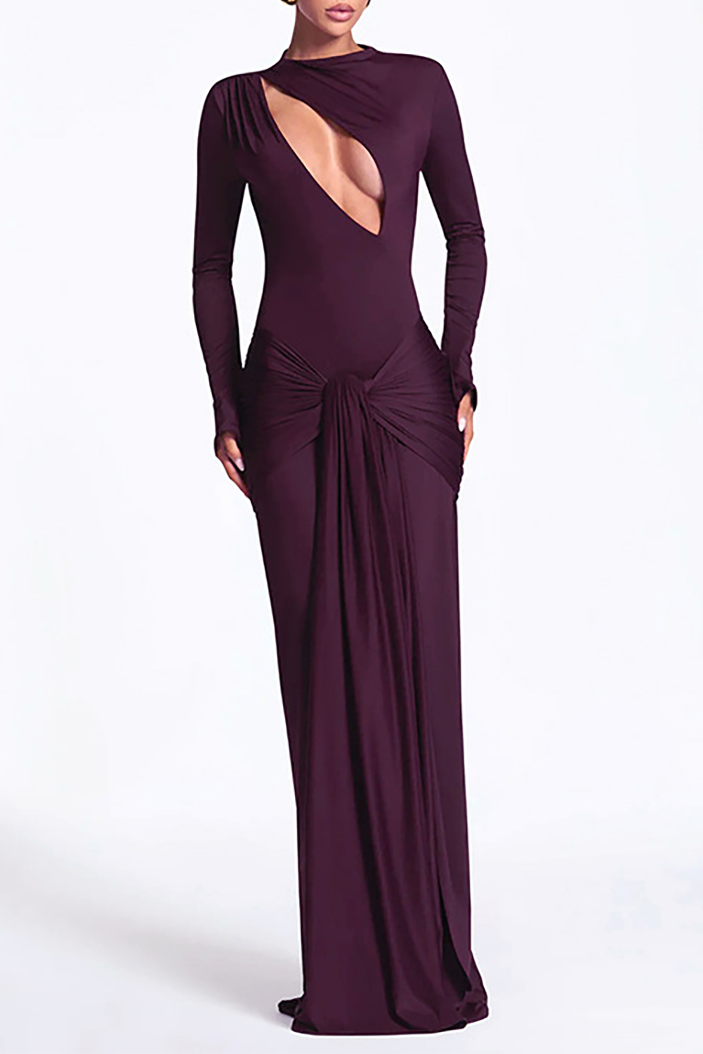 Cutout Round Neck Long Sleeve Ruched Long Streamer Slim Fit Maxi Dresses-Purple
