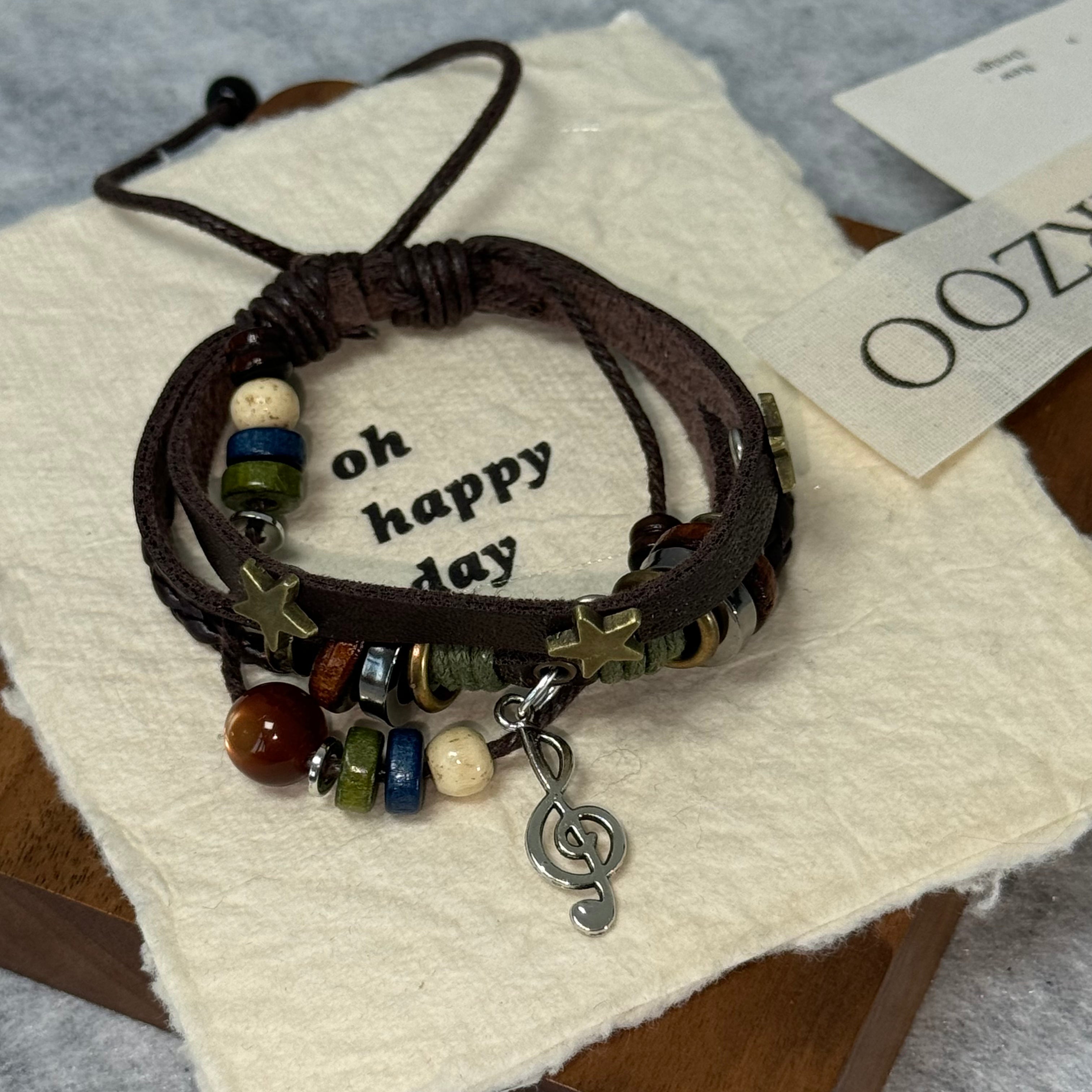 Multi-layer beaded leather woven bracelet