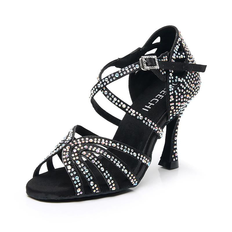 Women's Black Strappy Satin Rhinestones Customized Heel Dance Shoes